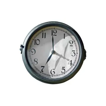 Five o'clock on the white wall clocks isolated Stock Photos
