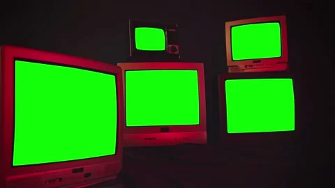 Five Old TV Sets Turning Off Green Screens and Retro TV Stack. Zoom in. Night Stock Footage 155985035