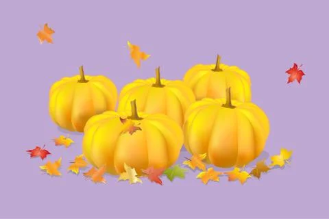 Five orange pumpkins with a gradient fill and multi-colored maple leaves lie Stock Illustration
