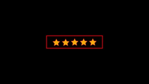 Five Orange Stars in a Red Rectangle on a animation Black Background rating.. Stock Footage 321625950