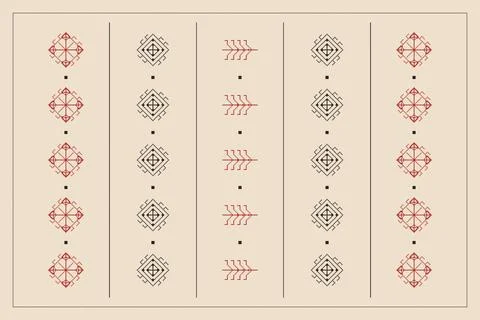 Five orderly columns combine red geometric emblems, black diamonds, and arr.. Stock Illustration