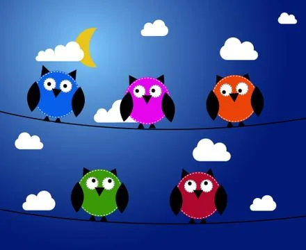 Five owls at night Stock Illustration