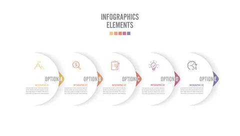 Five paper white overlapping arrows placed in horizontal row. Concept of 5 su Stock Illustration