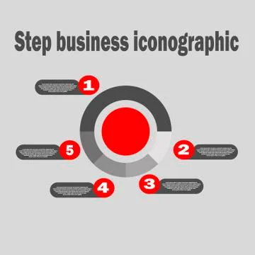 Five-part circular gray-red business diagram infographics with description. A Stock Illustration