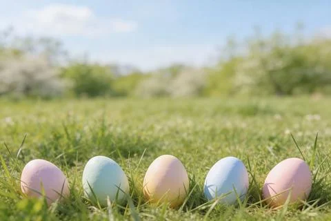 Five pastel Easter eggs nestled in green grass with a soft focus background.. Stock Photos