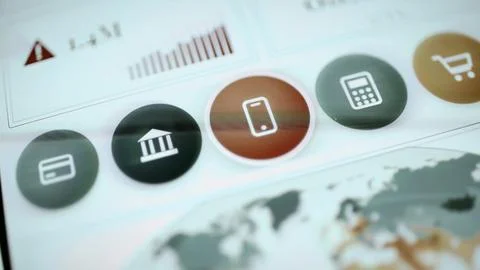 Five payment method icons above world map Stock Photos