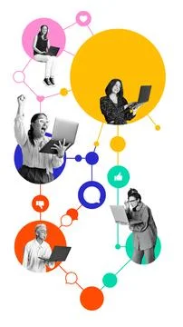 Five people interacting with laptops and mobile devices through interconnected Stock Photos