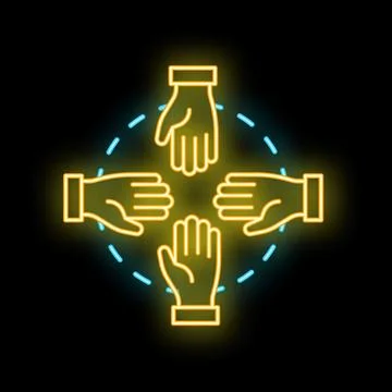Five people joining hands in circle neon sign on black background Stock Illustration