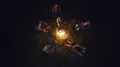 The five people rest near the bonfire. evening night time, view from above 4k or 4k+ Resolution