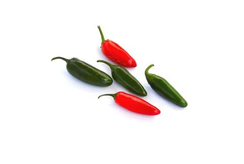 Five peppers on white background Stock Photos