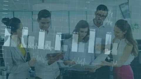 Five-person team tapping tablet, comparing folder in office, charts shifting Stock Footage 333485827