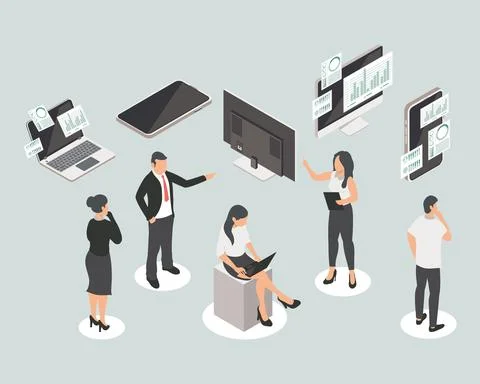 Five persons and analytics icons Illustrazione stock
