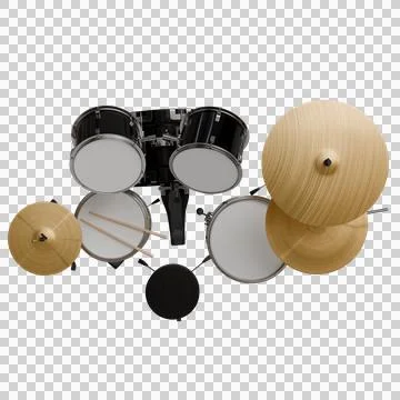 A five-piece drum kit with black drums, light wood cymbals, and drumsticks,.. Stock Photos