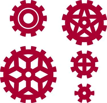 Five plain and flat cogs or gears in red color. Stock Illustration
