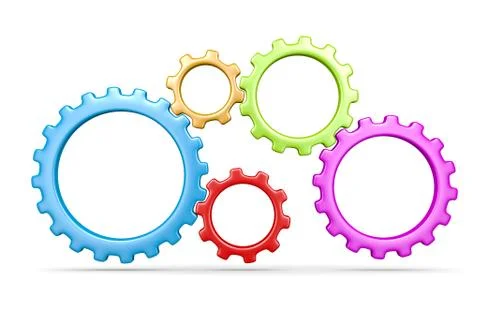 Five plastic colorful gears engaged 3d illustration isolated on white backgro Ilustración de archivo