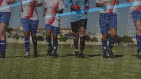 Five-player soccer team jogging toward cam, lowering view causing data overlay Stock Footage 331048236