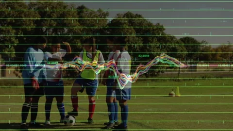 Five players standing on turf, one resting foot, lifting knee starting drill, Stock Footage 330980491