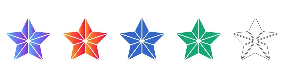 Five Point Star Icons in Multiple Color Gradients and Outline Stock Illustration