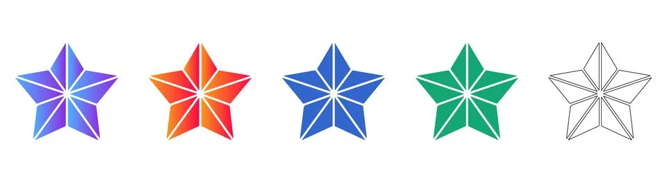 Five Point Star Icons in Multiple Color Gradients and Outline Stock Illustration