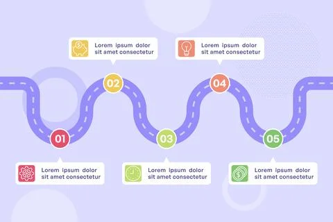 Five Point Wavy Roadmap Design with Gradient Circles and Icons Stock Illustration