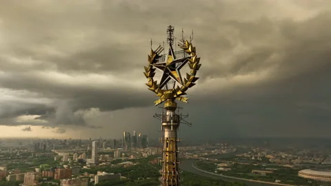 Five-pointed star is a Soviet symbol on top of spire of  Moscow State University 스톡 동영상 202096612