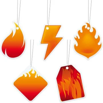 Five price tags with flame forms. Blank and isolated. Stock Illustration