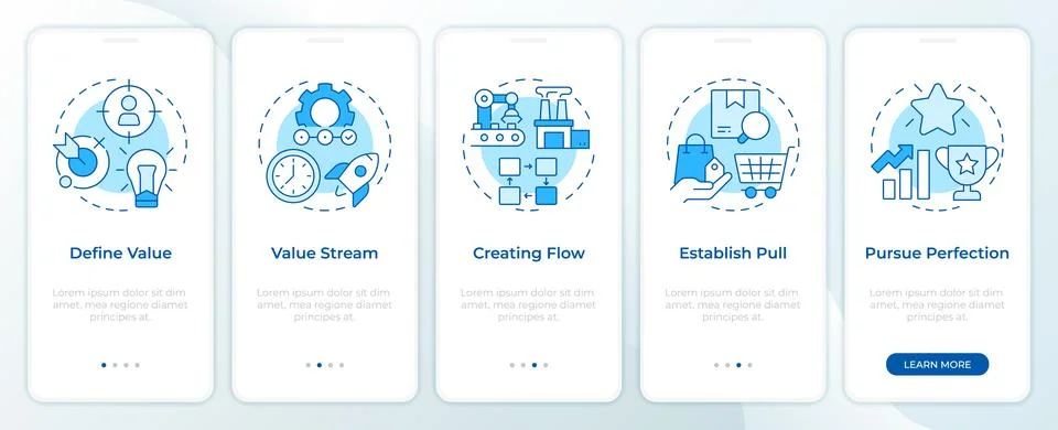 Five principles of lean management blue onboarding mobile app screen Stock Illustration