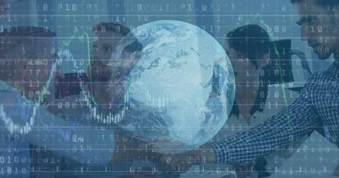 Five professionals analyzing data on laptops in office boardroom, with rotating Foto stock