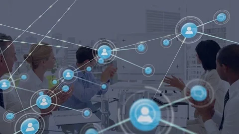 Five professionals are clapping around glass table in flat design while blue Stock Footage 332667068