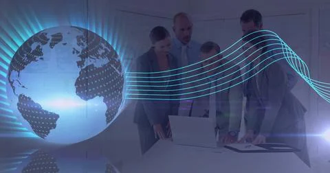 Five professionals in formal attire analyzing laptop, documents in room, digital Stock Photos