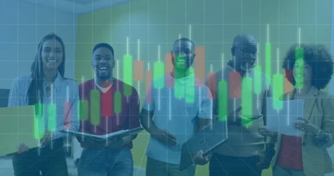 Five professionals holding work tools while analyzing market trends as Stock Footage 312758400
