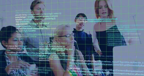 Five professionals responding to code overlay emerging on monitor, collaborating Stock Footage 330662397