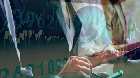 Five professionals tapping phones and tablets, monitoring animated financial Stock Footage 334883732