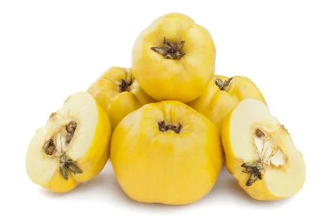 Five quinces on a white background Stock Photos