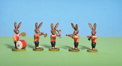 Five rabbits playing music for easter, funny Stock Photos