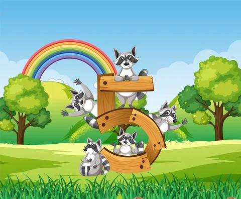Five raccoons attached to number five Stock Illustration
