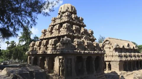 This is "five rathas" as they resemble the processional chariots of a temple. Stock Photos