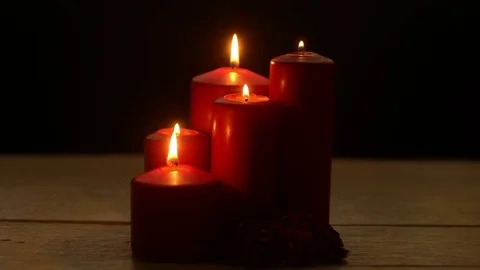 Five red candles light flame on white wood table, romantic theme Stock Footage 80275856
