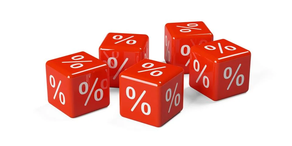 Five red cubes or dice with percent sign symbol on white background, sale, .. Stock Illustration