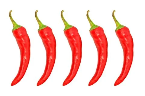 Five red hot chile pepper.Isolated. Stock Photos