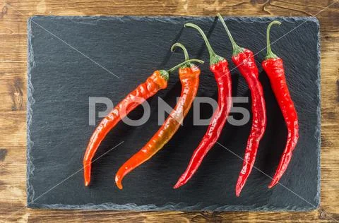 Five red hot peppers diagonally against the background of slate Stock Photos