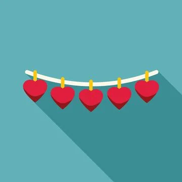 Five red paper hearts hanging on clothesline on blue background Stock Illustration