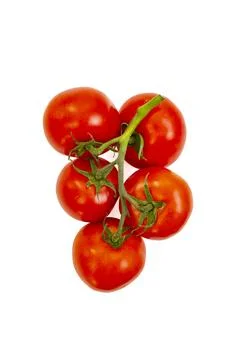Five red ripe tomato bunch top view close up  isolated on white background Stock Photos