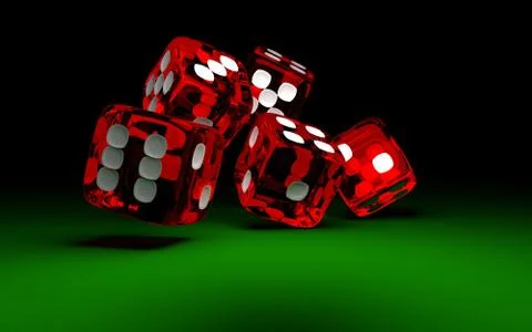 Five red rolling dices on green casino table. Concept of gambling. Stock Photos