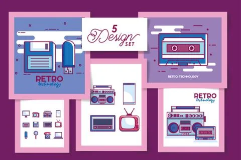 Five retro and digital technology designs Stockillustratie