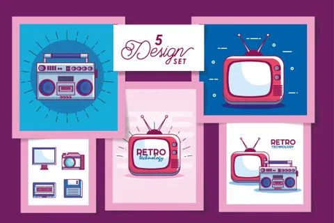 Five retro and digital technology designs Illustrazione stock