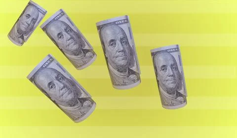 Five Rolled dollar Bills Floating Elegantly on a Vibrant Yellow Striped Bac.. Stock Photos
