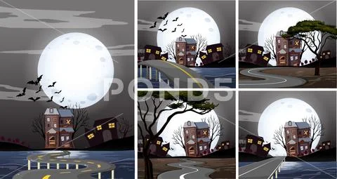 Five scenes of haunted houses at night Stock Illustration