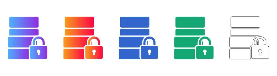 Five Secured Database Icons with Padlock Symbol Stock Illustration