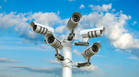 Five security cameras attached to a pole Stock Footage 68027626